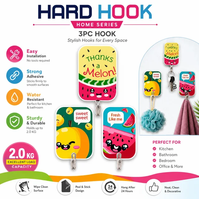 HARD HOOK Home Series 3-Piece Adhesive Wall Hooks, Strong Self-Adhesive Hooks for Kitchen, Bathroom, Bedroom & Office, Water-Resistant Decorative Hooks, Up to 2 KG Load Capacity