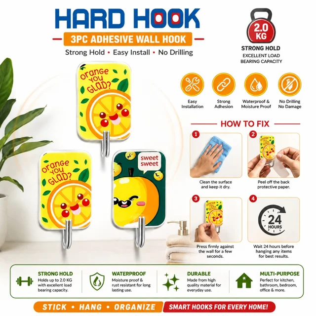 3PC Adhesive Wall Hooks – Heavy-Duty Self-Adhesive Hooks for Kitchen, Bathroom, Bedroom & Office | No Drilling, Waterproof & Strong Hold up to 2 KG