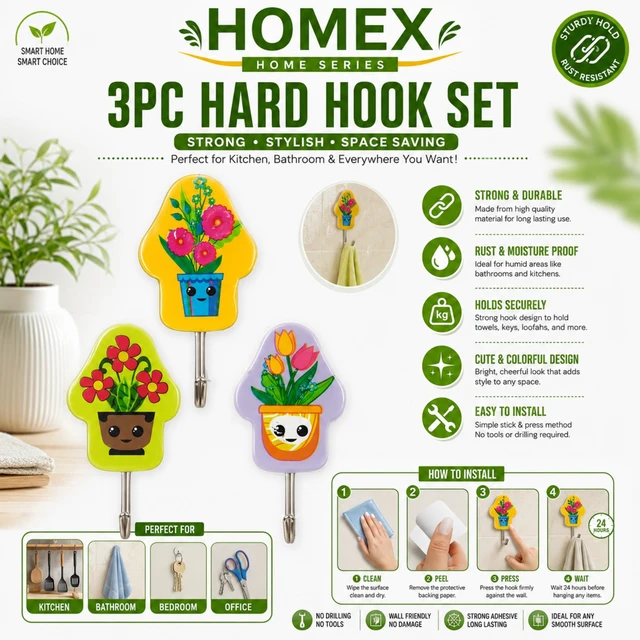 HOMEEX 3PC Hard Hook Set for Wall, Kitchen, Bathroom & Home | Strong Adhesive Self-Stick Hooks | No Drilling & No Tools Required | Rust & Moisture Resistant | Decorative Hooks for Towels, Keys & Accessories