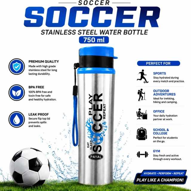 Soccer Stainless Steel Water Bottle 750 ml ( RANDOM COLOURS )| Durable Sports Water Bottle with Secure Flip-Top Lid & Carry Strap | Ideal for Sports, Gym, School, Office & Outdoor Activities