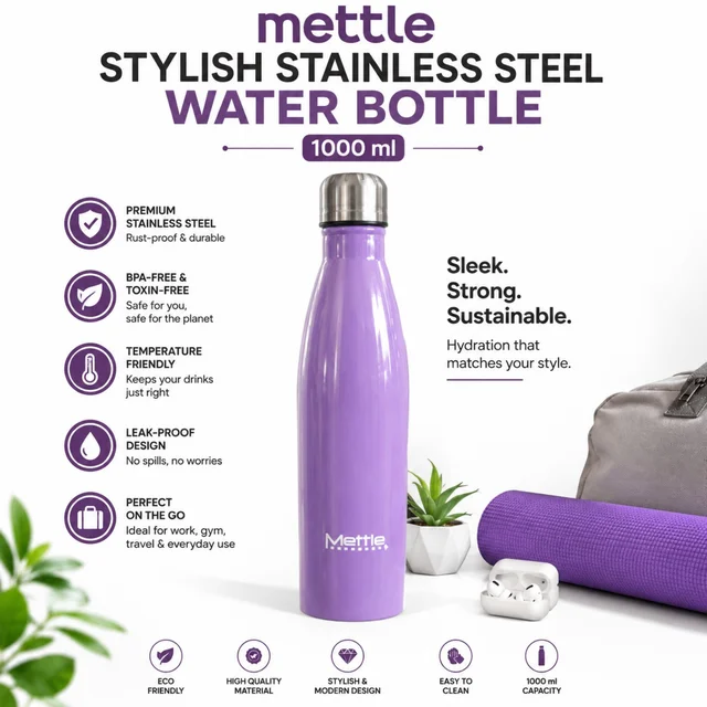 Mettle Stylish Stainless Steel Water Bottle 1000 ml | Durable, Sleek & Modern Design | Leak-Proof | BPA-Free | Ideal for Work, Gym, Travel & Everyday Use