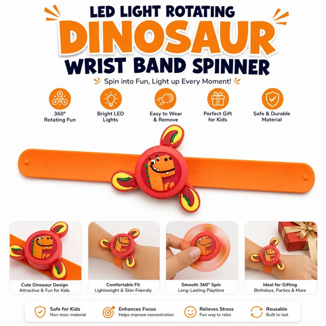 LED Light Rotating Dinosaur Wrist Band Spinner for Kids | Fun 360° Rotating Wrist Toy with Cute Dinosaur Design | Comfortable & Easy-to-Wear Wrist Band | Fun Gift for Birthdays, Parties & Playtime