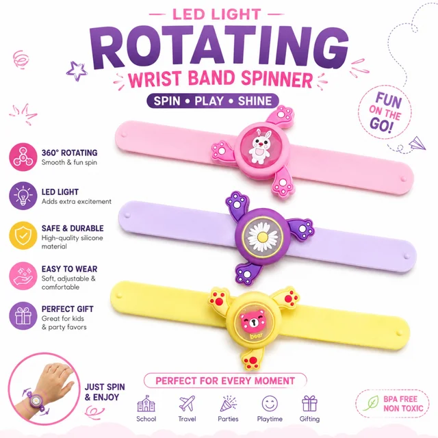 LED Light Rotating Wrist Band Spinner for Kids ( RANDOM COLOURS & DESIGNS ) 360° Rotating Fidget Wrist Toy with Cute Character Design, Soft Adjustable Silicone Band, Fun Playtime Party Favor & Gift