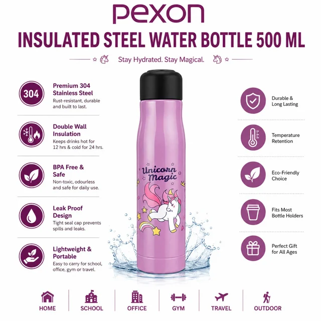Pexon Insulated Steel Water Bottle 500 ml ( RANDOM COLOURS & DESIGNS )– Double Wall Stainless Steel Bottle with Leak-Proof Cap | Hot & Cold Temperature Retention | BPA-Free & Portable Bottle for School, Office, Gym & Travel