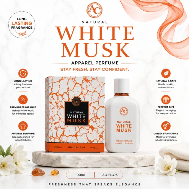 AC Natural White Musk Apparel Perfume 100 ml | Premium Unisex Fragrance for Long-Lasting Freshness | Elegant White Musk Scent for Everyday Wear