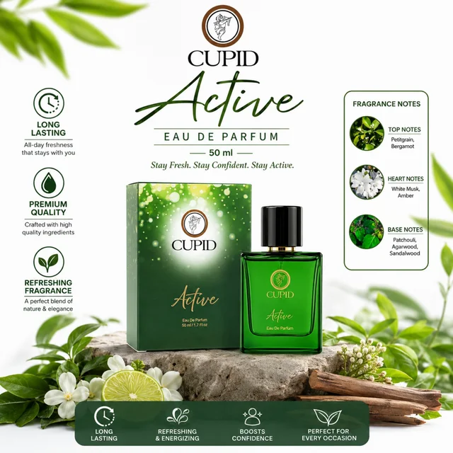 CUPID Active Eau De Parfum for Men & Women, 50 ml | Long-Lasting Refreshing Fragrance with Petitgrain, Bergamot, White Musk, Amber, Patchouli, Agarwood & Sandalwood Notes