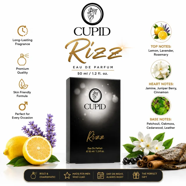 CUPID RIZZ Eau de Parfum for Men, 50 ml / 1.2 fl. oz. – Long-Lasting Fragrance with Lemon, Lavender & Rosemary Top Notes, Jasmine, Juniper Berry & Cinnamon Heart Notes, Patchouli, Oakmoss, Cedarwood & Leather Base