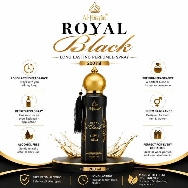 Al-Hassan Royal Black Long Lasting Perfumed Spray, Alcohol-Free Unisex Fragrance for Men & Women, Premium Refreshing Fragrance, 200 ml