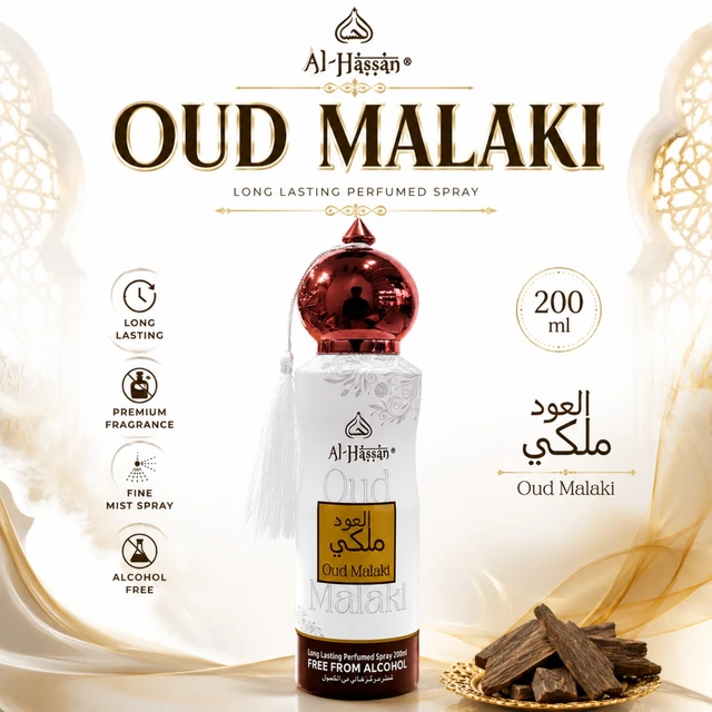 Al-Hassan Oud Malaki Long Lasting Perfumed Spray, Alcohol Free Premium Fragrance, Fine Mist Spray, 200 ml