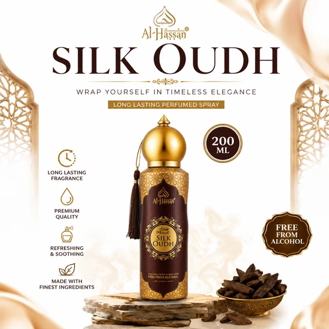 Al-Hassan Silk Oudh Long Lasting Perfumed Spray, Premium Oudh Fragrance, Alcohol-Free, 200 ML