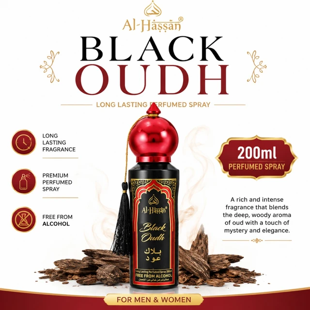 Al-Hassan Black Oudh Long Lasting Perfumed Spray for Men & Women, 200ml | Rich & Intense Oud Fragrance | Premium Perfumed Spray | Alcohol-Free