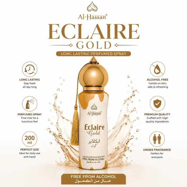 Al-Hassan Eclaire Gold Long Lasting Perfumed Spray 200 ml | Alcohol-Free Unisex Fragrance | Premium Quality Perfume Spray for Daily Use & Travel