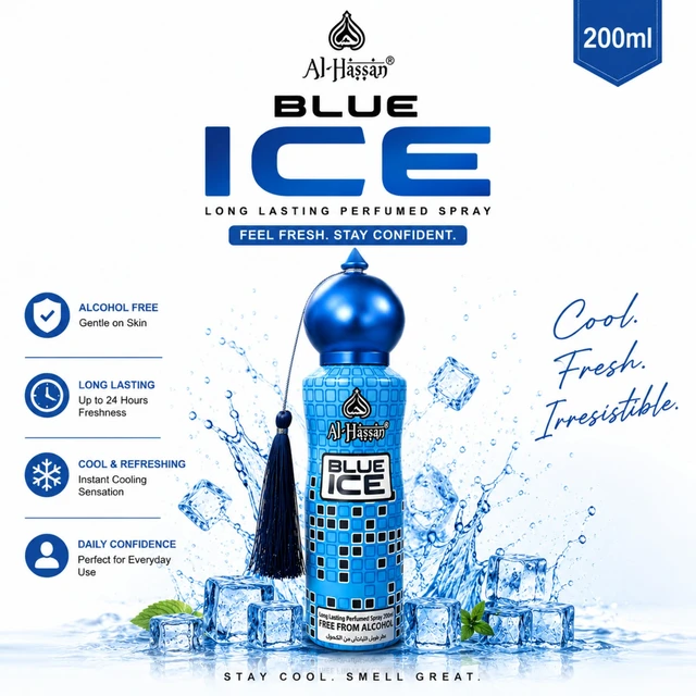 Al-Hassan Blue Ice Perfumed Spray for Men & Women, Alcohol-Free Long-Lasting Fragrance, Cool & Refreshing Scent, Daily Use, 200ml