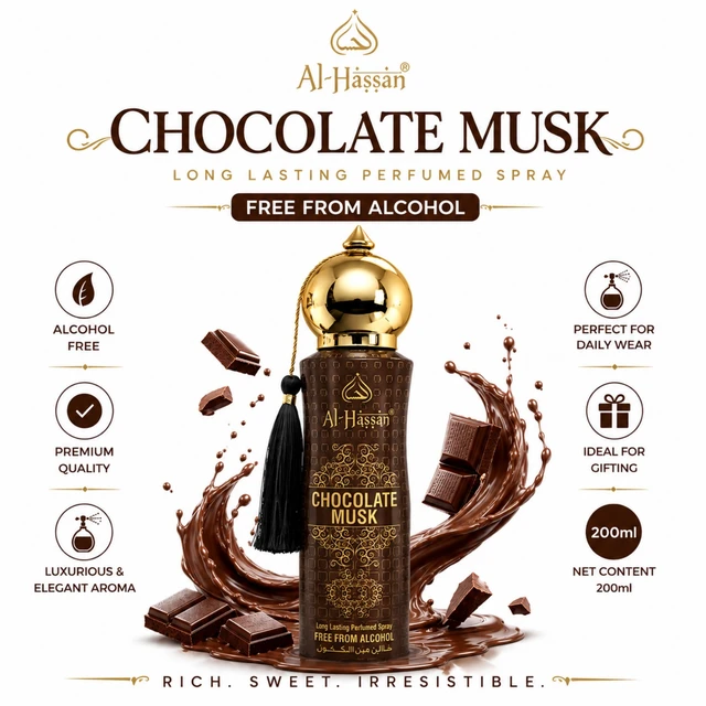Al-Hassan Chocolate Musk Long Lasting Perfumed Spray ( 200-ML ), Alcohol-Free Fragrance, Rich & Sweet Chocolate Musk Aroma, Premium Perfume for Daily Wear