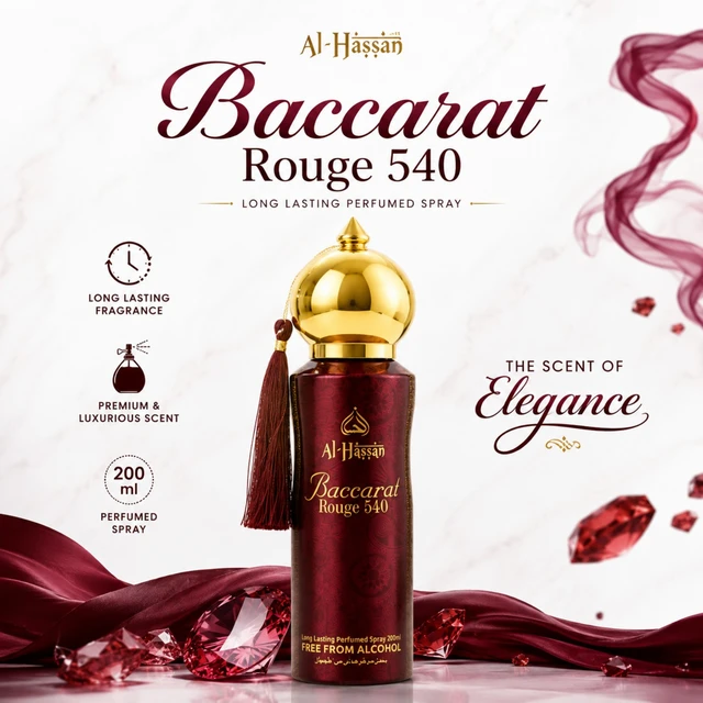 Al-Hassan Baccarat Rouge 540 Long Lasting Perfumed Spray – 200 ml | Premium & Luxurious Fragrance | Free From Alcohol