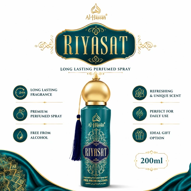 Al-Hassan Riyasat Long Lasting Perfumed Spray for Men & Women, Refreshing & Unique Fragrance, Alcohol-Free, 200ml