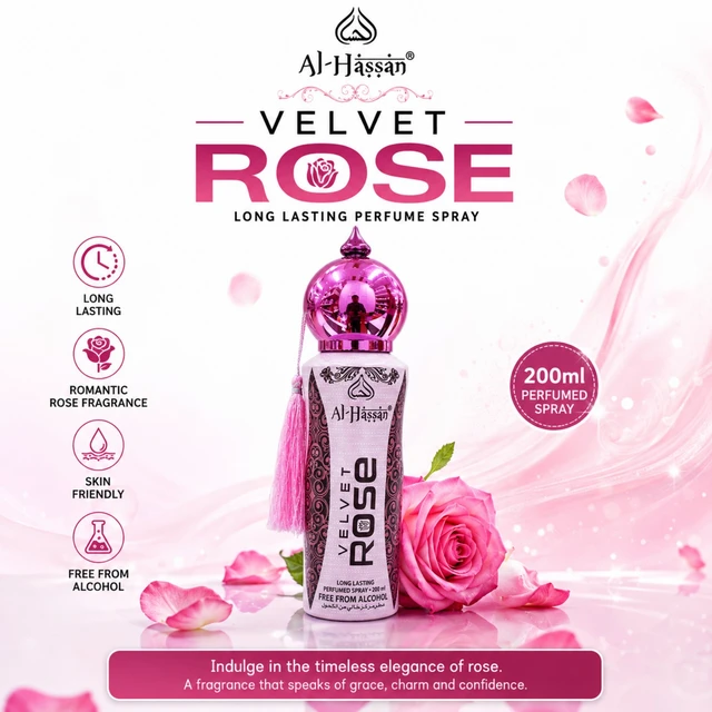 Al-Hassan Velvet Rose Long Lasting Perfume Spray for Women & Men, Romantic Rose Fragrance, Skin Friendly, Alcohol Free, 200ml