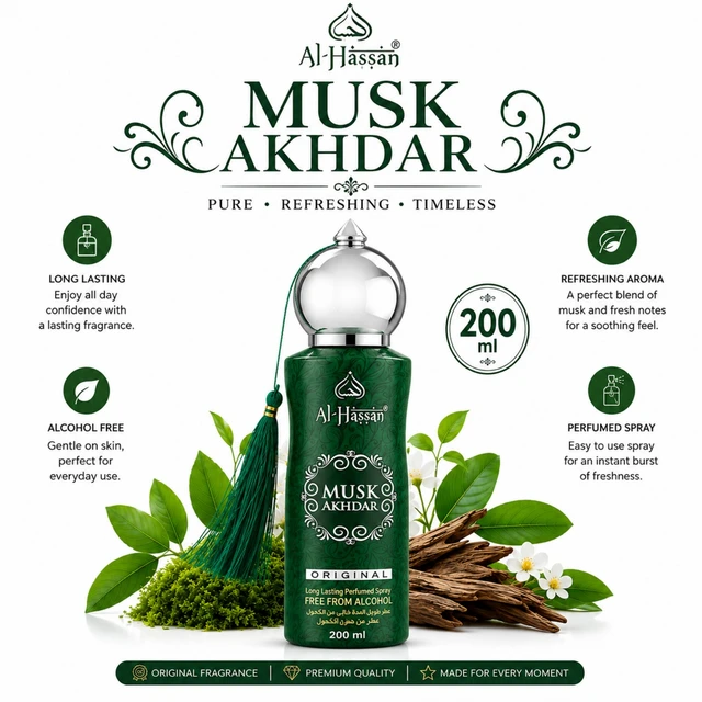 Al-Hassan Musk Akhdar Original Long Lasting Perfumed Spray, Alcohol Free Fragrance, Refreshing Musk Aroma, Premium Quality, 200 ml