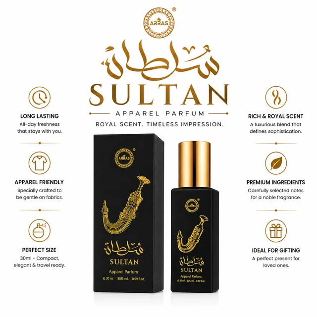 ARRAS Sultan Apparel Perfume for Men & Women, Rich & Royal Scent, Long Lasting Fragrance for Clothes, 30 ml