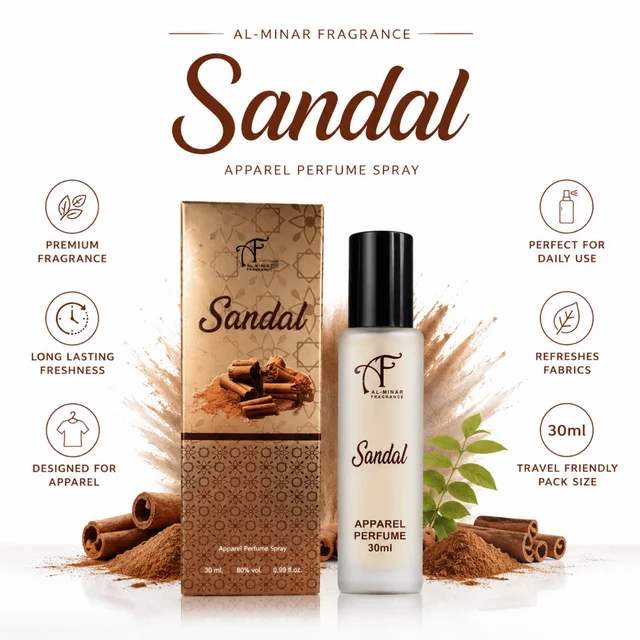 Al-Minar Fragrance Sandal Apparel Perfume Spray for Men & Women, Long Lasting Fabric Freshness, Premium Sandal Fragrance, Travel Friendly Spray – 30ml