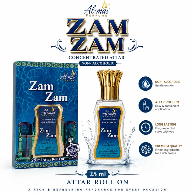 Al-mas Zam Zam Concentrated Attar Roll On, Non-Alcoholic Perfume Oil, Rich & Refreshing Fragrance, 25 ml