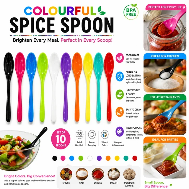 Mini Colourful Spice Spoon Set of 10 (Random colours| Multicolour Mini Measuring & Serving Spoons for Spices, Salt, Sugar, Sauces & Powders | Food Grade, BPA-Free, Lightweight & Easy to Clean