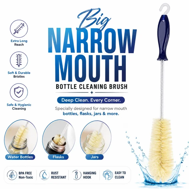 Big Narrow Mouth Bottle Cleaning Brush | Extra Long Reach with Soft & Durable Bristles | Bottle, Flask & Jar Cleaning Brush | BPA-Free, Rust Resistant with Hanging Hook