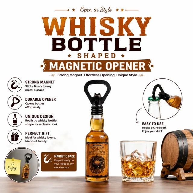 Whisky Bottle Shaped Magnetic Bottle Opener – Stylish Metal Opener with Strong Magnetic Back for Fridge & Metal Surfaces