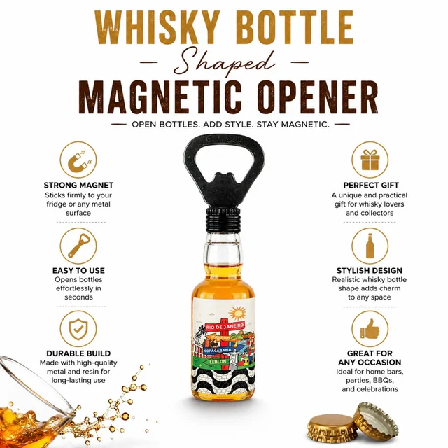Whisky Bottle Shaped Magnetic Bottle Opener for Home Bar, Kitchen & Parties – Stylish Metal & Resin Bottle Opener with Strong Magnetic Back