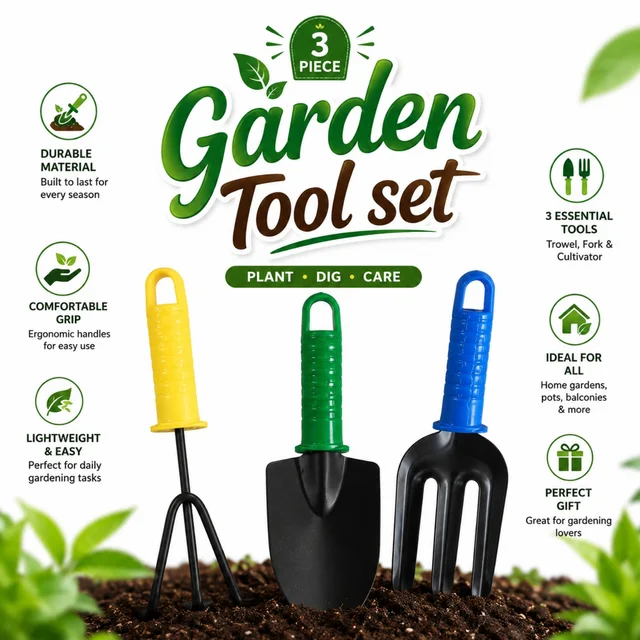 3-Piece Garden Tool Set – Hand Trowel, Cultivator & Garden Fork with Ergonomic Comfortable Grip for Home, Pots, Balcony & Outdoor Gardening