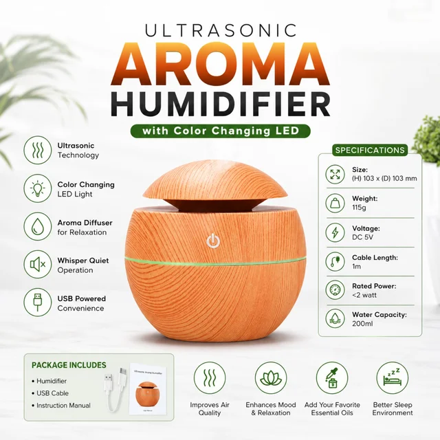 Ultrasonic Aroma Humidifier with Color Changing LED Light ( RANDOM COLOURS )| USB Powered Air Humidifier & Essential Oil Aroma Diffuser | Whisper Quiet Operation | 200ml Water Capacity