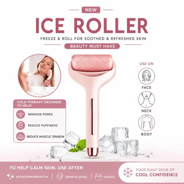 Reusable Ice Roller for Face, Neck & Body | Cooling Facial Massage Roller for Skin | Helps Reduce the Appearance of Puffiness & Refresh Tired-Looking Skin