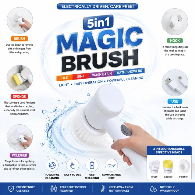 5-in-1 Electric Spin Cleaning Brush with 3 Interchangeable Heads, USB Rechargeable Scrubber for Tiles, Sinks, Wash Basins, Bathtubs & Showers