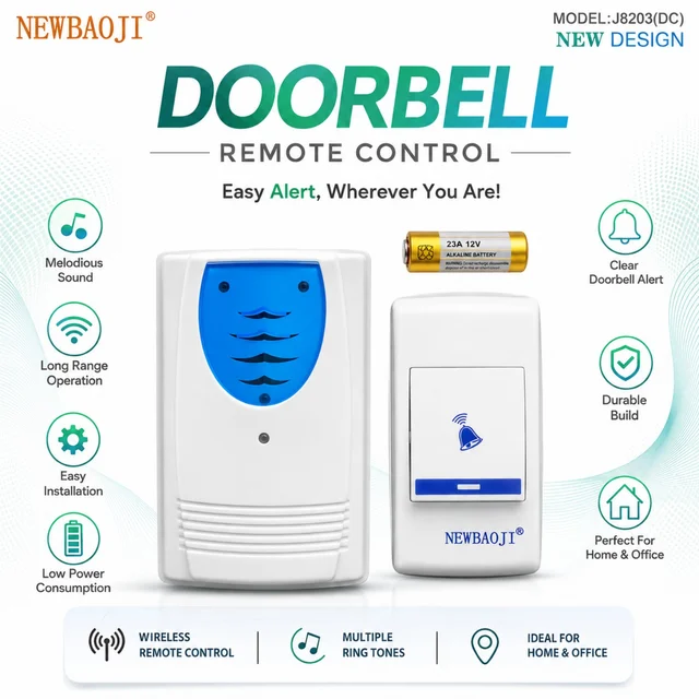 NEWBAOJI Wireless Remote Control Doorbell | Long Range Operation | Multiple Ring Tones | Easy Installation | Low Power Consumption | Clear Doorbell Alert for Home & Office