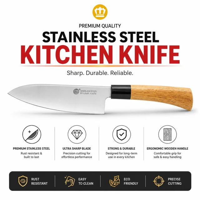 Stainless Steel Kitchen Knife with Ergonomic Wooden Handle | Ultra Sharp Precision Cutting Knife for Fruits, Vegetables, Meat & Everyday Kitchen Use