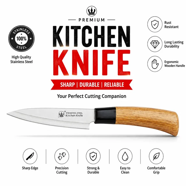 Premium Stainless Steel Kitchen Knife with Ergonomic Wooden Handle | Razor Sharp Blade for Precision Cutting | Rust Resistant Multipurpose Chef Knife for Fruits, Vegetables & Meat