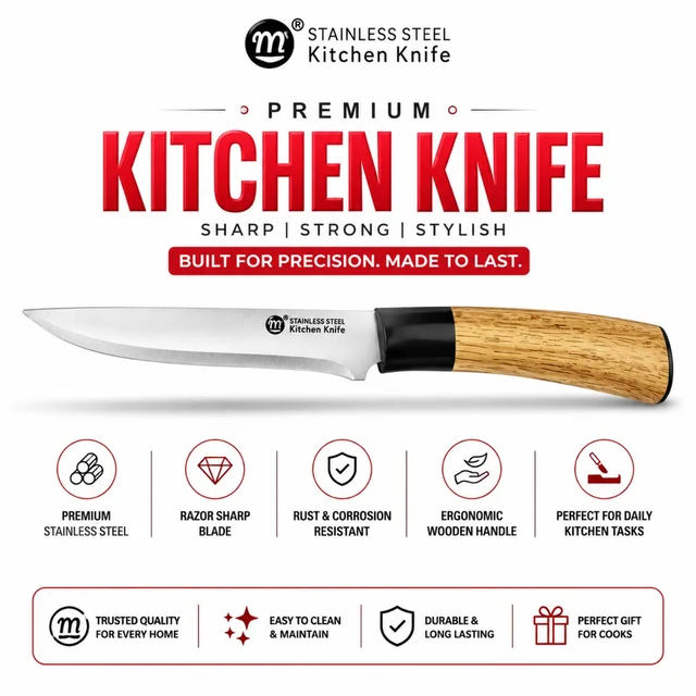 Premium Stainless Steel Kitchen Knife with Ergonomic Wooden Handle | Razor-Sharp Blade | Durable & Corrosion Resistant | Ideal for Everyday Kitchen Cutting & Food Preparation