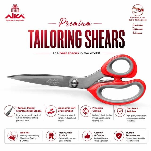 AIKA Premium Tailoring Shears – Titanium Plated Stainless Steel Scissors with Ergonomic Soft Grip Handles for Tailoring, Dressmaking, Sewing, Alterations & Crafting