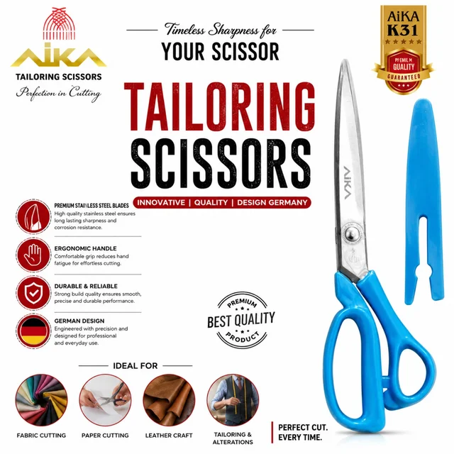 AIKA K31 Tailoring Scissor ( RANDOM COLOUIRS ), Premium Stainless Steel Fabric Cutting Scissors with Ergonomic Handle, Professional Sewing, Tailoring, Paper & Leather Craft Scissors