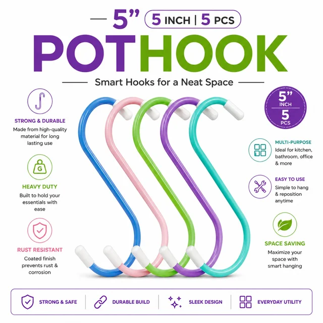 5 Inch Pothook Hanging Hooks, 5 Pcs Multi-Purpose S-Shaped Hooks for Kitchen, Bathroom, Office & Home Organization