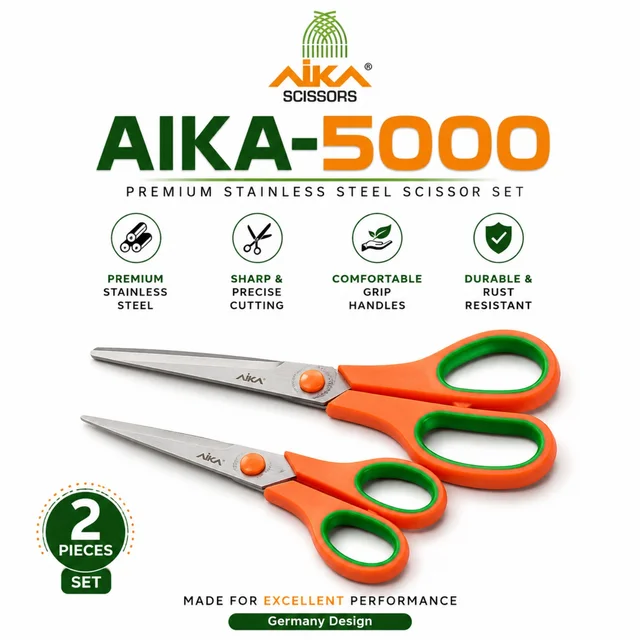 AIKA-5000 2-Piece Premium Stainless Steel Scissor Set | Sharp & Precise Cutting Blades | Comfortable Grip Handles | Durable & Rust Resistant | Germany Design