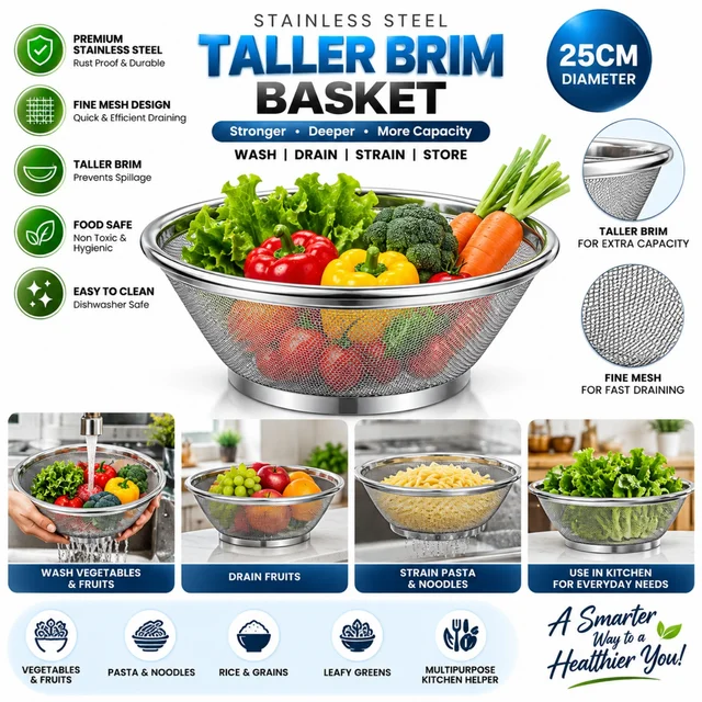 Stainless Steel Taller Brim Basket 25 CM | Fine Mesh Colander & Strainer | Wash, Drain, Strain & Store | Food-Safe Kitchen Basket for Fruits, Vegetables, Pasta & Noodles