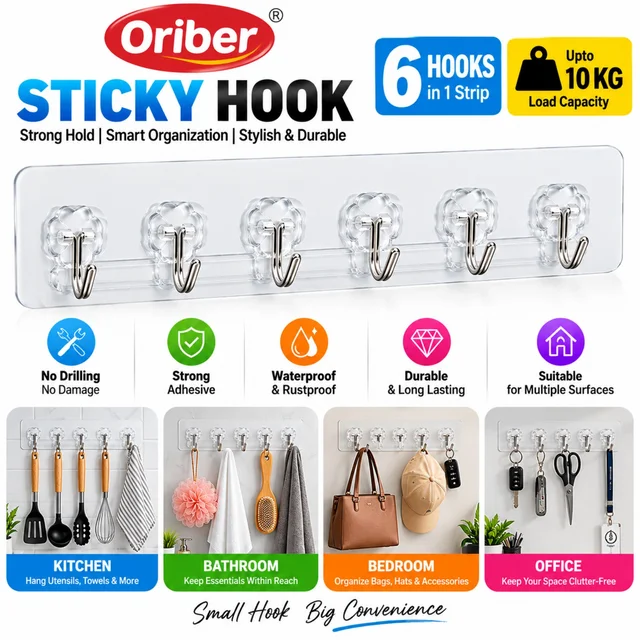 Oriber Sticky Hook 6 Hooks in 1 Strip, Strong Adhesive Wall Hooks with Stainless Steel Hooks, Waterproof & Rustproof, No Drilling Multipurpose Hooks for Kitchen, Bathroom, Bedroom & Office, Up to 10 KG Load Capacity