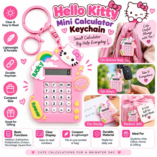 Hello Kitty Mini Calculator Keychain – Cute Portable Pocket Calculator with LCD Display, Basic Math Functions, Lightweight Design & Keyring for School, Office, Home and Gifting