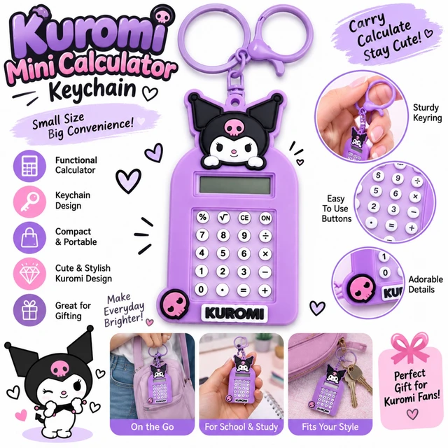 Kuromi Mini Calculator Keychain – Cute Compact Portable Calculator with Key Ring, Functional Number Buttons, Stylish Character Design for School, Study, Office & Everyday Use