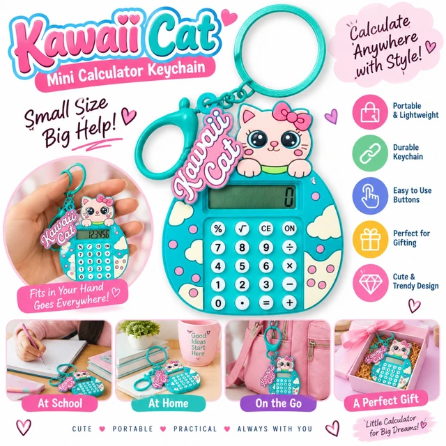 Kawaii Cat Mini Calculator Keychain, Cute Portable Pocket Calculator with Key Ring, Compact Lightweight Design for School, Home, Office, Travel & Gifting