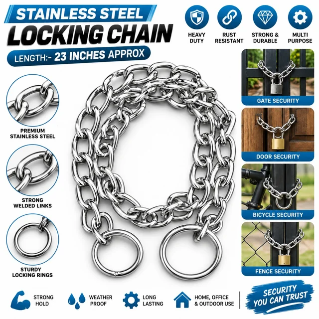 Stainless Steel Locking Chain, 23 Inches Approx., Heavy-Duty Strong Welded Links with Sturdy Locking Rings for Gate, Door, Fence, Bicycle & Outdoor Security