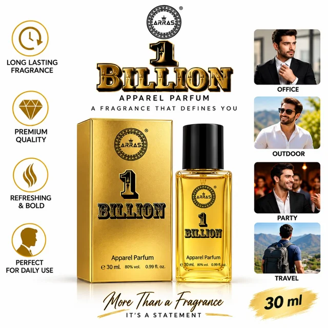 ARRAS 1 BILLION Apparel Parfum for Men, Premium & Refreshing Fragrance, Bold Everyday Scent for Office, Outdoor, Party & Travel, 30 ml