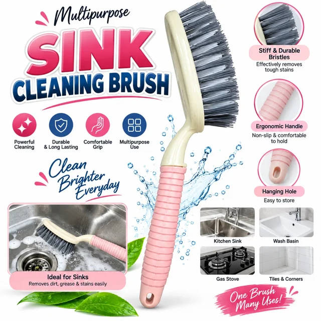 Multipurpose Sink Cleaning Brush with Stiff Durable Bristles, Ergonomic Non-Slip Handle & Hanging Hole | Kitchen Sink, Wash Basin, Gas Stove, Tiles & Corners Cleaning Brush