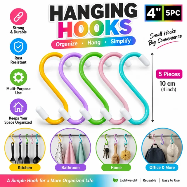 4 Inch Hanging Hooks – 5 Piece Set | Strong & Durable Multi-Purpose S Hooks for Kitchen, Bathroom, Home, Office & More